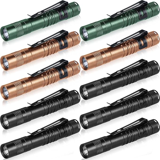Hortsun 10 Pcs Mini Flashlight Bulk LED Pen with Pocket Small Flashlight with Clip for Outdoor Father's Day Gift for Men(3.54 Inch,Black, Brown, Green)