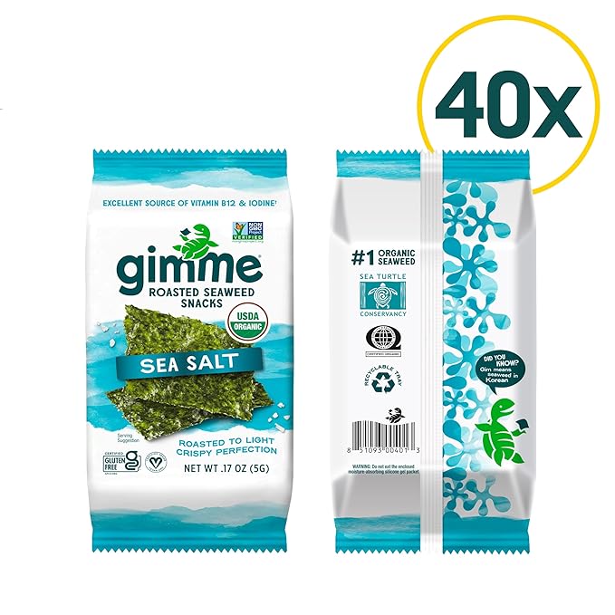 gimMe Organic Roasted Seaweed Sheets, Sea Salt, Keto, Vegan, Gluten Free, Great Source of Iodine and Omega 3?™s, Healthy On-The-Go Snack for Kids & Adults, #1 Sea Salt, 0.17 Ounce (Pack of 40)