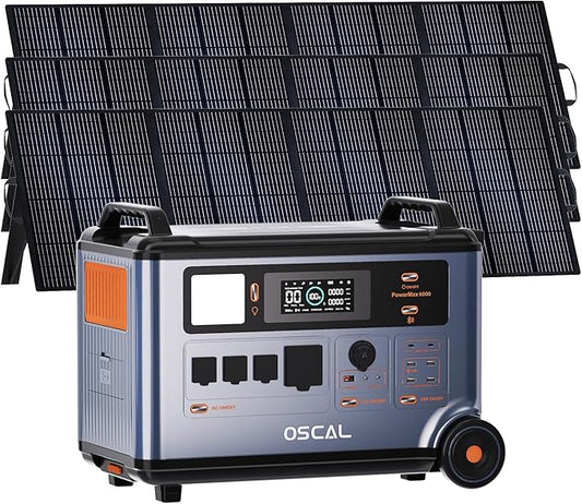 OSCAL 6000W Solar Generator with 3×400W Solar Panel,120V/240V Split Phase Voltage Portable Power Station PowerMax 6000, 4 * 6000w AC Output (9000W Surge),2400W MPPT Solar for Emergency 01
