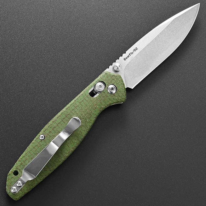Eafengrow EF966 Folding Knife D2 Blade Micarta Handle with Pocket Clip EDC Tactical Knife thumb knobs Axis Lock EDC Multitool Knife (GREEN)