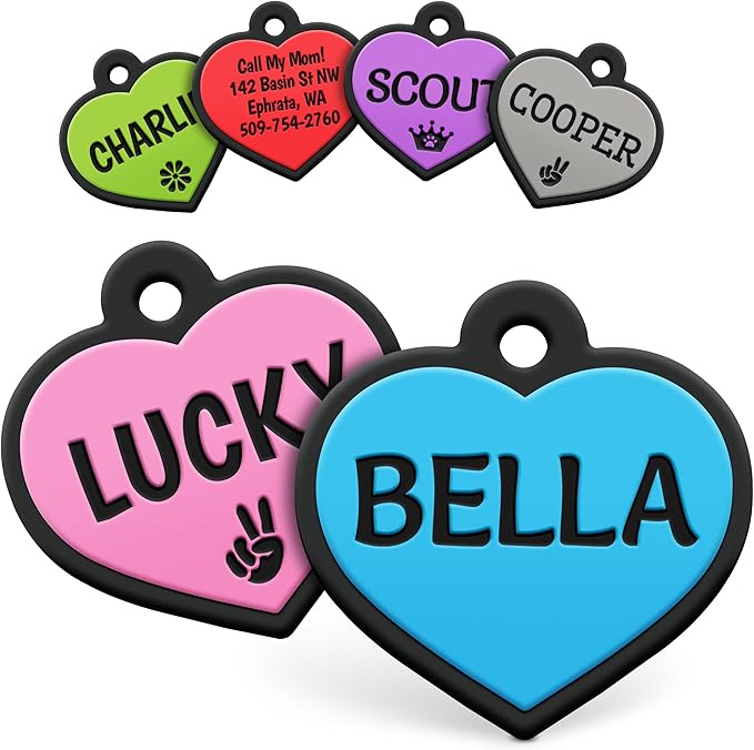 GoTags Silicone Dog Tags, Soundless Pet Tag, Personalized Silent Tag Engraved for Pets with Cute Custom Designs, for Dogs and Cats, (Heart, Blue)