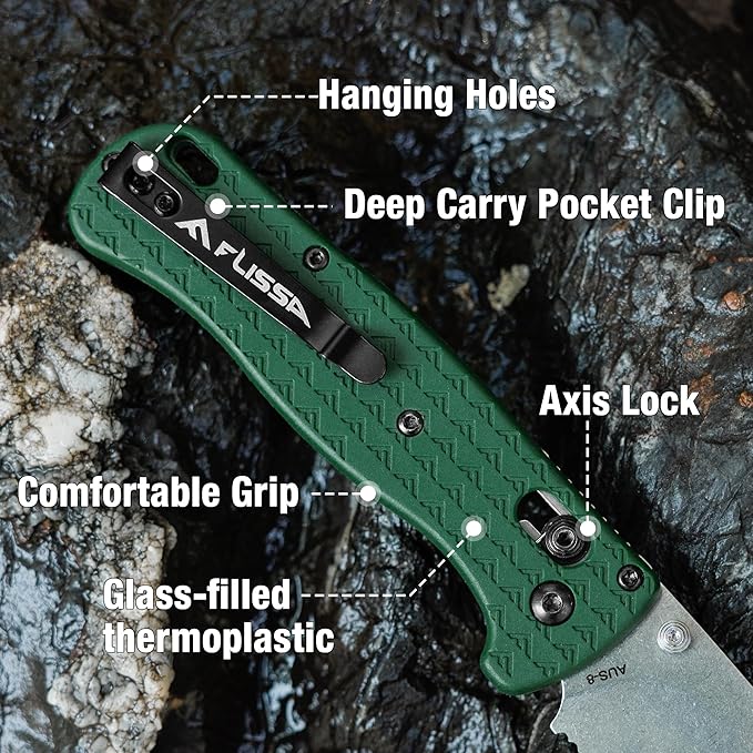 FLISSA 4.5" Folding Pocket Knife, Lightweight EDC Pocket Knife with Axis Lock, 3.2" AUS-8 Steel Blade, Sharp Camping Hiking Knife with Pocket Clip, Unique Tool Gift for Men, Dad (Green)