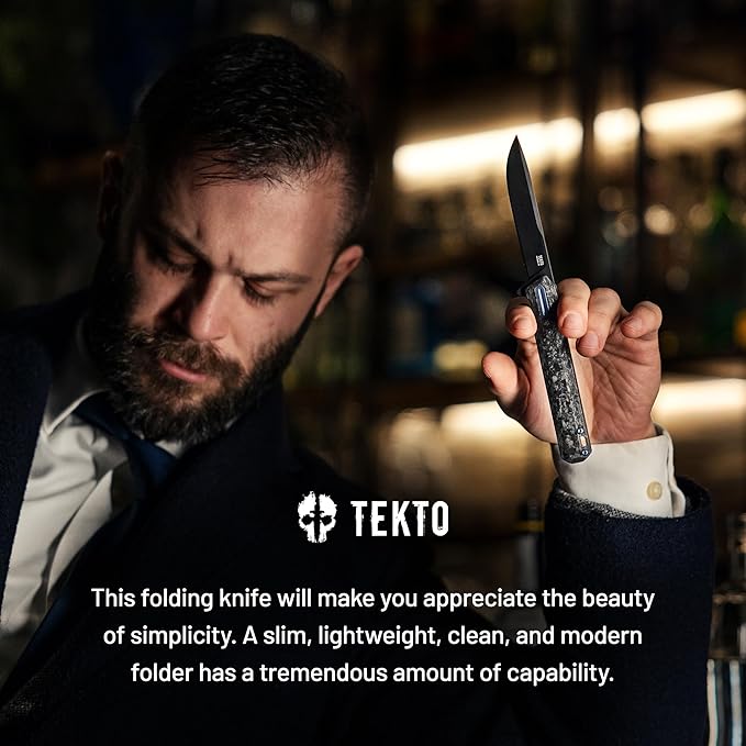 F2 Bravo Folding Pocket Knife - D2 Steel Blade, Ceramic Ball Bearings - EDC - Snap, Swift Flip for Camping, Backpacking - 2.4oz (68g), G10 Forged Carbon Handle, Blue Titanium Accents