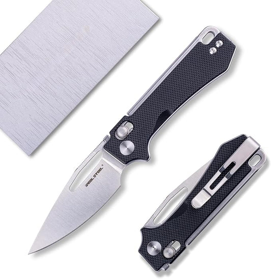 REALSTEEL VIS Pocket Knife, Folding Knife, Crossbar Lock, 2.72" Small 12C27 Steel Satin Plain Blade, Thumb Hole, G10 Handle, 1.94oz, Pocket Clip, Versatile Outdoor Indoor EDC Knife, Gifts for Men Women Camping Hiking Fishing Climbing (Black G10/Satin)