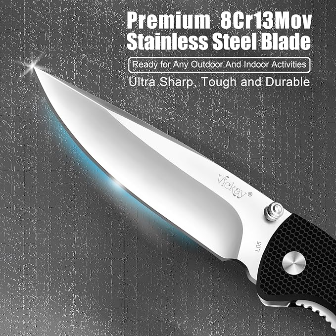 Vickay Pocket Knife for Men, Folding Knife with Clip, 3.74-inch 8Cr13MoV Steel Blade, G10 Handle EDC Knife for Outdoor Camping, Tactical, Hunting and Fishing Gift (Black)