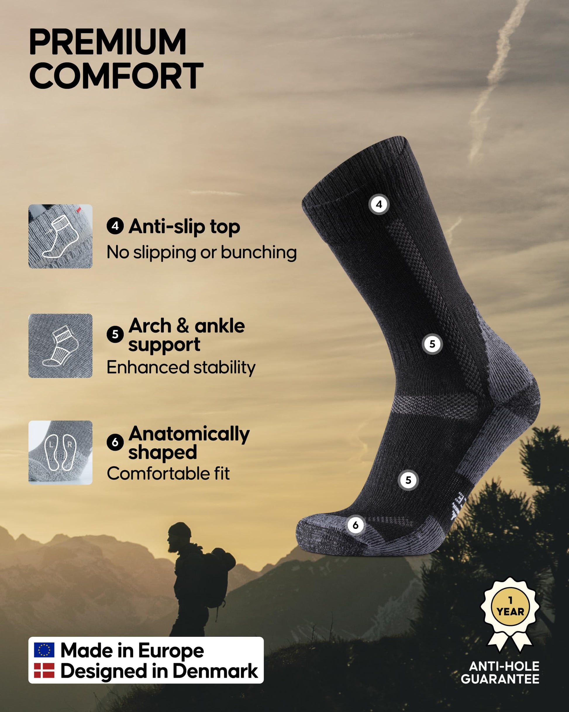 DANISH ENDURANCE Hiking Socks, Merino Wool, 3 & 5-Pack, Black/Grey, Large