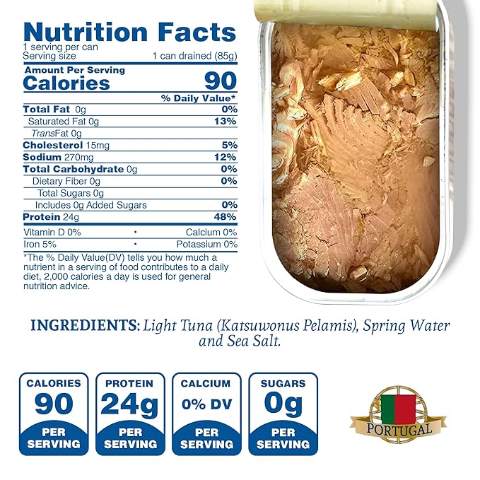 Santo Amaro - Artisanal Wild Tuna Fish in Spring Water, Pole & Line Wild Caught Tuna from Portugal, Hand-Packed Canned Tuna, Solid Light Tuna, 24g Protein Keto, 90 Calories, Low Mercury, Pack of 6