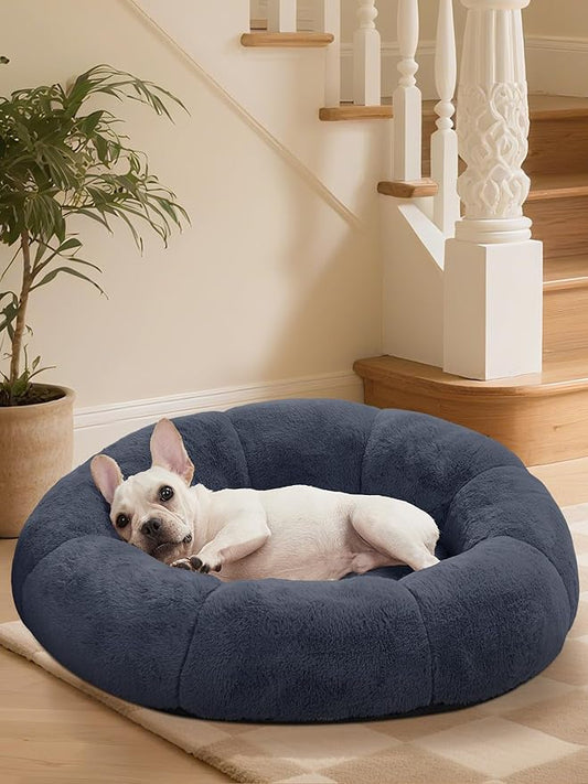 OhGeni 31 inches Calming Donut Orthopedic Dog & Cat Bed for Medium Pets, Warming Comfort Fluffy Short Pile Fur, Durable Waterproof Machine Washable Removable Cover, Cute Round Bed for Puppy, Blue