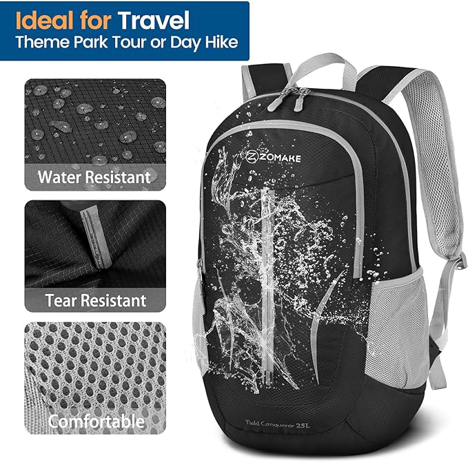 ZOMAKE Ultra Lightweight Packable Backpack 25L, Foldable Hiking Backpacks Water Resistant Small Folding Daypack for Trave(Signal black)