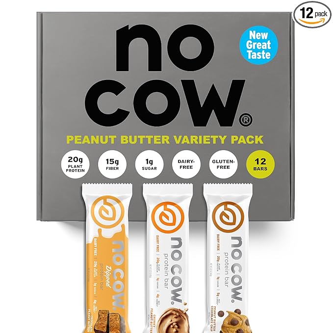 No Cow Vegan Protein Bars, Upgraded Peanut Butter Variety Pack | 20g Plant Based Protein, Gluten Free, Dairy Free, Soy Free, Keto Friendly, Low Sugar, High Fiber Snack Bars | Pack of 12