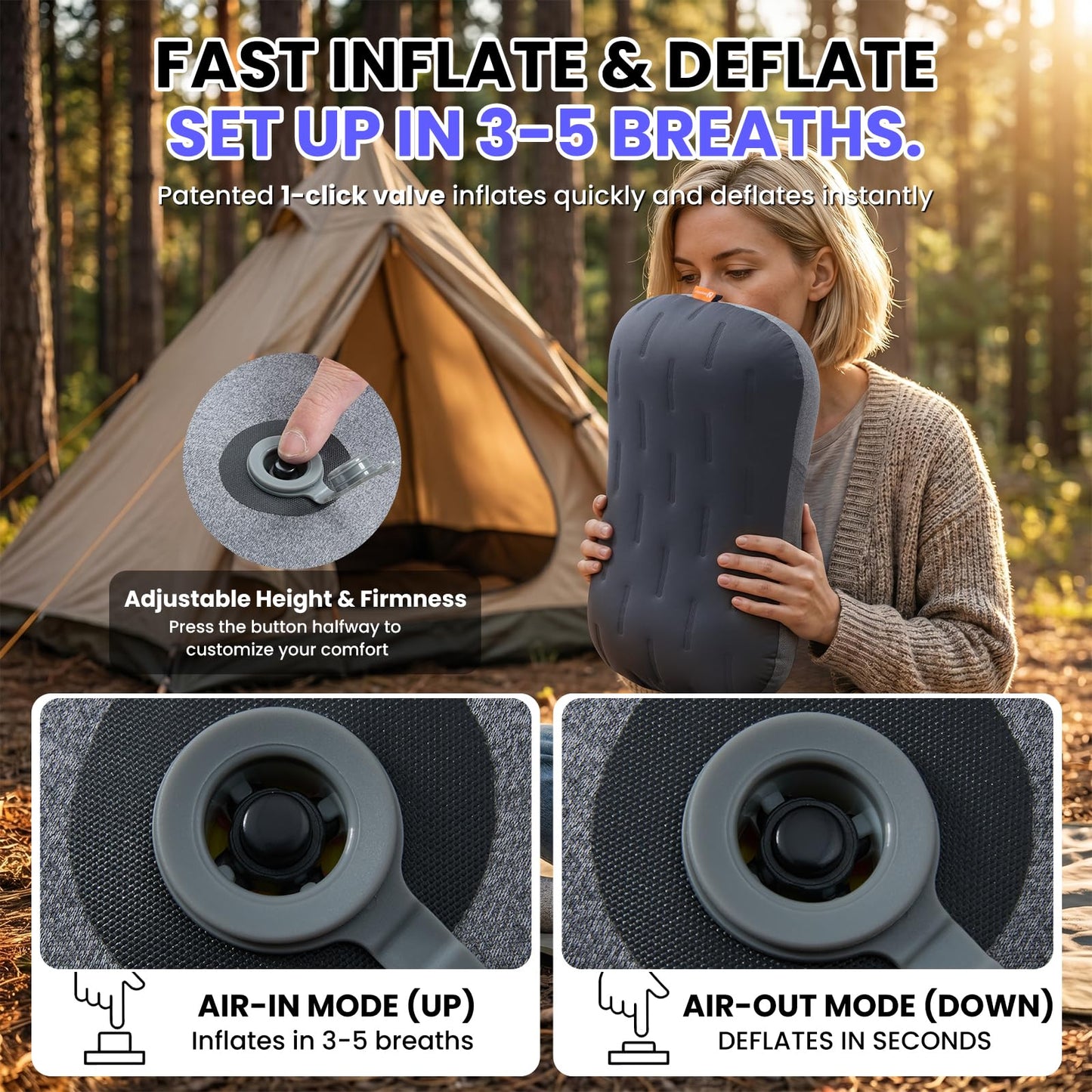 Inflatable Camping Pillow - Ultralight Compact Air Pillow for Travel, Backpacking & Hiking