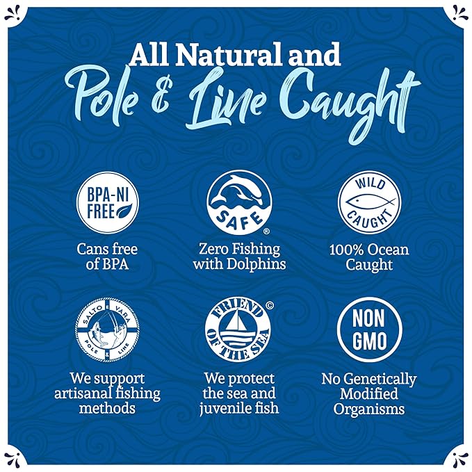 Santo Amaro - Artisanal Wild Tuna Fish in Spring Water, Pole & Line Wild Caught Tuna from Portugal, Hand-Packed Canned Tuna, Solid Light Tuna, 24g Protein Keto, 90 Calories, Low Mercury, Pack of 6