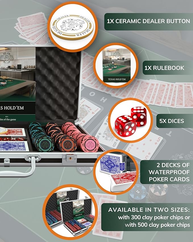 Bullets Poker Set ??with Case, Chips and Cards ??Deluxe Chip Set, Ideal for Casino Games, Prominence Poker and More, This Sets Also Comes with a Case, 300 Clay Chips Corrado, No Values.