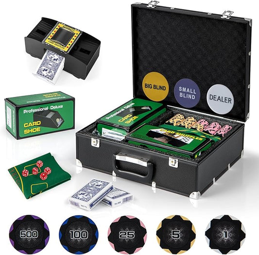 GYMAX Poker Chips Set, 300 PCS Texas Hold 'em Casino Chip Set w/Carrying Case, 6 Decks of Cards, 5 Dices & 3 Dealer Buttons, Poker Felt, Card Shuffler, Card Shoe, for Blackjack Gambling