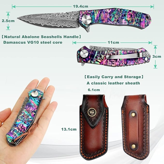 Benkey Damascus Pocket Knife, Sharp VG10 Core Damascus Steel Folding Knives with Leather Sheath, Unique Abalone Seashells Handle, Ball Bearing, Liner Lock, Original EDC Damascus Knife for Men Women