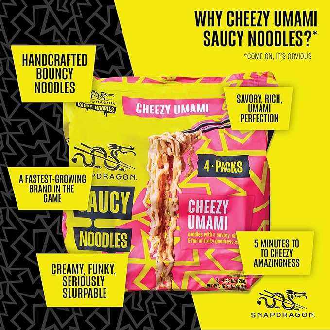 Snapdragon Saucy Instant Noodles with Cheezy Umami, Savory Slurpable Sauce - Quick Meal, Snack, and Lunch. 12-Pack Microwave Noodles for Cup, Bowl, Cheddar Cheese Ramen or Asian Stir Fry