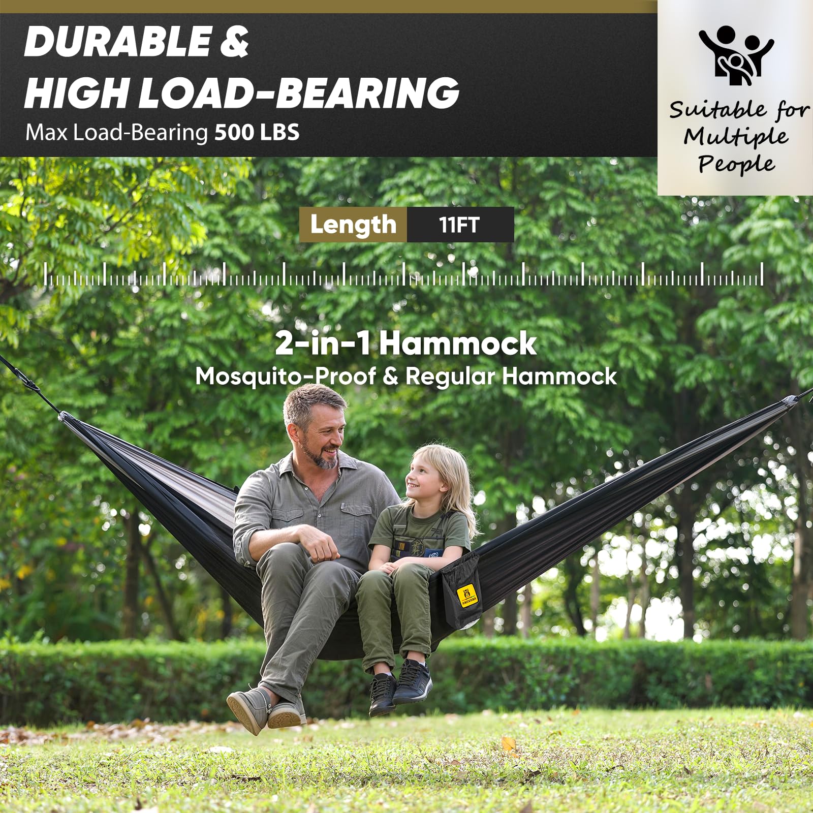 Camping Hammock with Mosquito Net, 500 lbs Portable Hammock with Tree Straps, 2-in-1 Double/Single