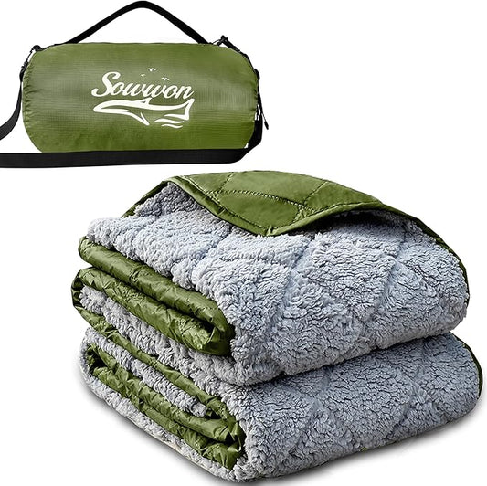 Waterproof Outdoor Blanket 82”X 55” Packable, Stadium Blankets for Camping with Sherpa Fleece Lining, Large Windproof Emergency Throw Mat for Garss Picnic Hiking Road Trip, Machine Washable, Green