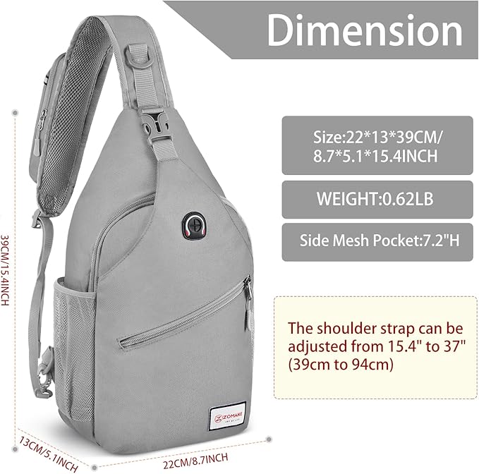 ZOMAKE Sling Bag,Small Crossbody Sling Backpack,Water Resistant Shoulder Daypack for Travel,Anti Thief Chest Bag for Hiking(Grey(New))
