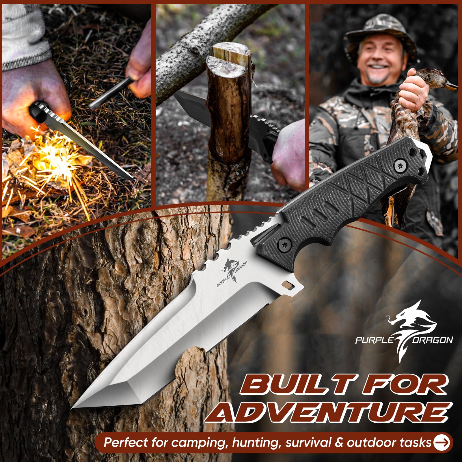 Purple Dragon Fixed Blade Knife with Kydex Sheath - Plain Blade