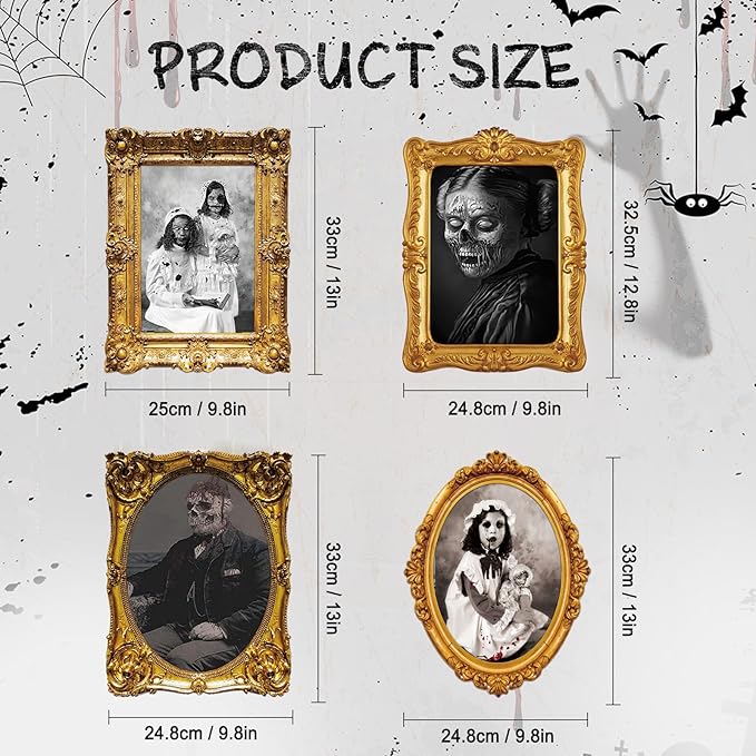 ECGER Halloween Decorations Indoor, Haunted Scary Decor - 3D Changing Face Pictures, Vintage Moving Wall Portraits Frame, For Horror Spooky Party Mansion Castle House Home Decoration(12 Pieces)