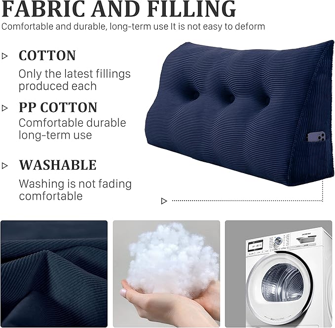 8 lbs Thickened Twin Wedge Pillow Headboard, College Dorm Bed Triangular Reading Pillow, Bed Bolster Pillow for Sitting in Bed, Dorm Bedding Essentials for Girls & Boys, Cordury Blue