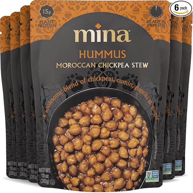 Mina Moroccan Chickpeas, Ready to Eat, Chickpeas High In Plant Based Protein, Vegan, Non-GMO, Gluten Free, Kosher, Microwavable, Packaged Meals & Side Dishes, 10 oz (Pack of 6)