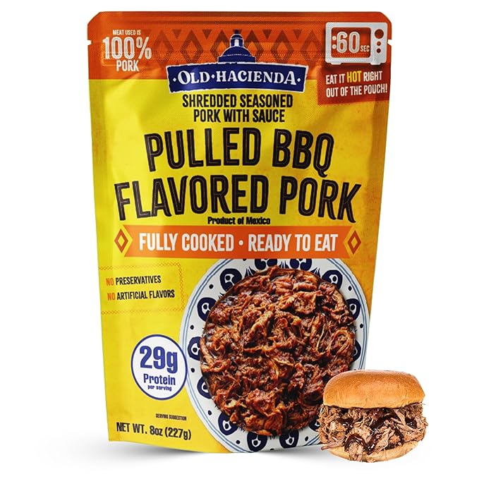 Old Hacienda Pulled BBQ Flavored Pork | 100% Shredded Seasoned Pork with Sauce | Fully Cooked & Ready to Eat | 29g Protein | No Preservatives or Artificial Flavors | BPA Free Pouch | Pack of 1 - 8oz