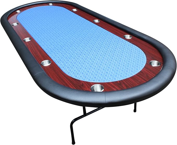 Poker Table 96 inches Light Series for 10 Player Games with Cup Holders Wooden Racetrack Felt Foldable Legs, Blue