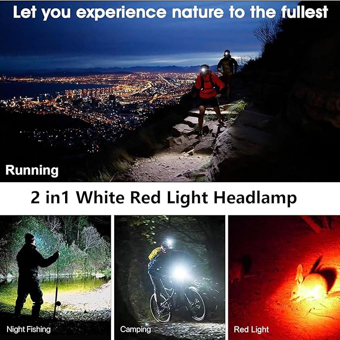 WINDFIRE White Red LED Rechargeable Headlamp, Super Bright Hunting Headlamps, 4 Modes 90° Adjustable Zoomable Headlights for Running, Camping, Hiking, Fishing, Night Vision, Astronomy