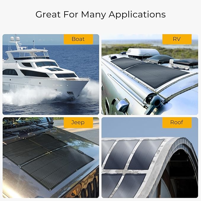 BougeRV Arch 200 Watts Fiberglass Flexible Solar Panel, Portable Bendable 12 Volts 10BB Mono Cell for RV Camping Home Boat Marine Curve Surface Black