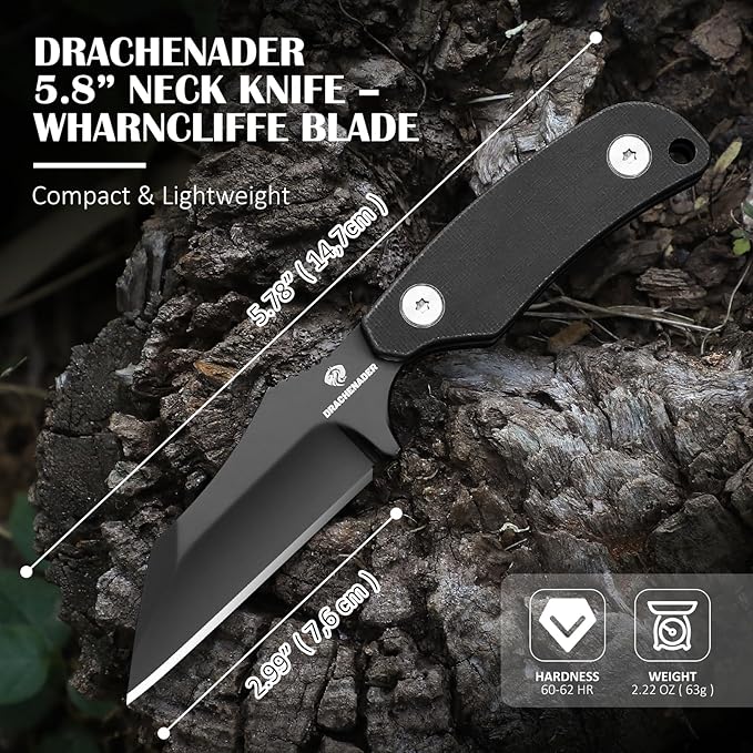 X-WH 5.78" Neck Knife with Sheath and Necklace, D2 Steel EDC Mini Fixed Blade Knife Horizontal Carry Full Tang Small Wharncliffe Knife with G10 Handle