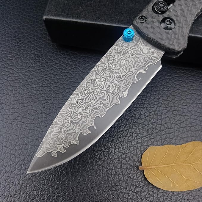 Folding Pocket Knife,3.15" Damascus Steel Knife, Black Carbon Fiber Handle with Pocket Clip for EDC. (Damascus)