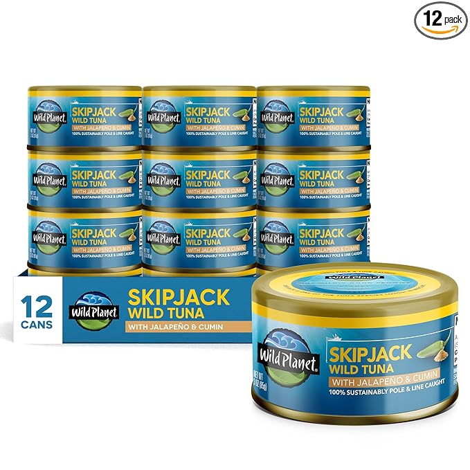 Wild Planet Wild Skipjack Tuna with Jalepeno & Cumin Tinned Fish, Canned Tuna, Sustainably Wild-Caught, 3 oz pack of 12