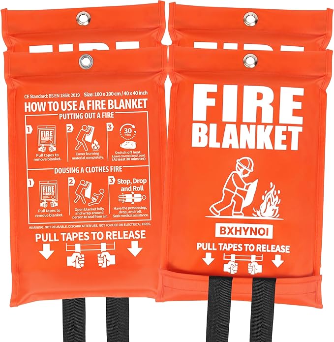 Fire Blanket for Home and Kitchen, 4 Pack 40"x 40" Emergency Fiberglass Fire Blanket with High-Visibility Orange Bag for Car, Camping, Warehouse Fire Survival Safety,