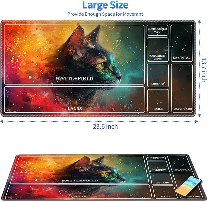 Playmat for MTG with Magic Zones, 24 x 14 inches Game Play Mat for MTG TCG, Trading Card Game Play Mat Desk Mats with Stitched Edges Non-Slip Base, Galaxy Cat