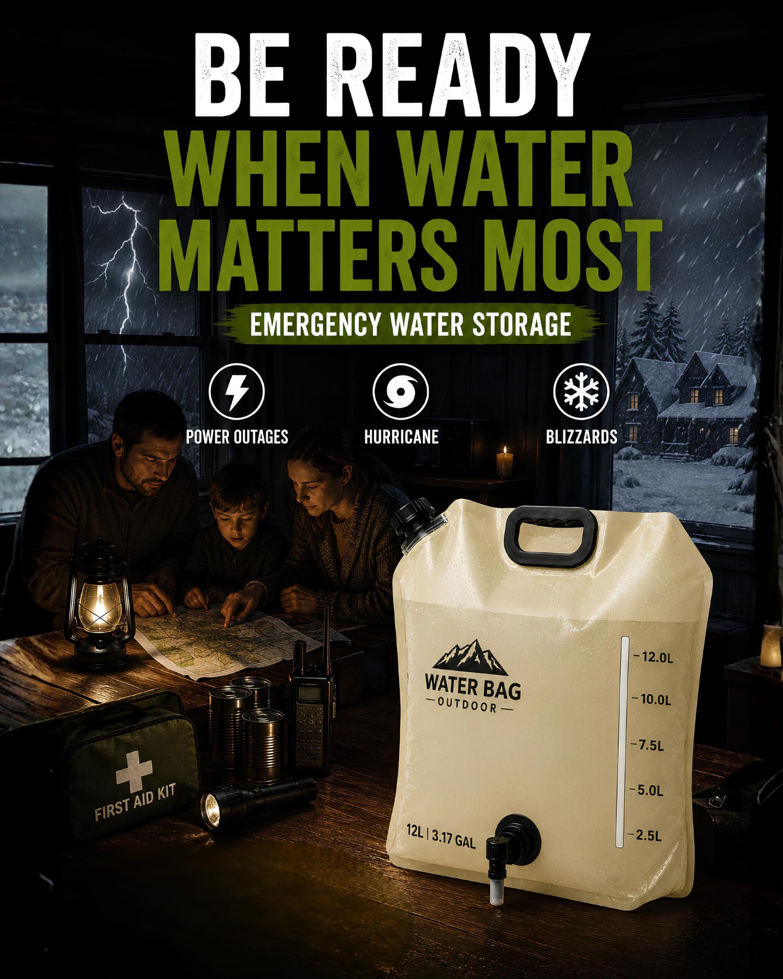 CoreMuse 3.17 Gallon/12L Collapsible Water Container with Spigot, Foldable Water Storage Bag for