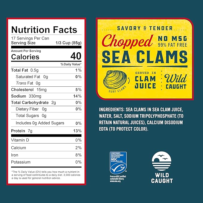 Snow's Chopped Sea Clams in Clam Juice, 51 oz Can - Premium Grade Wild Caught Gourmet Surf Clams - 7g Protein Per Serving - Gluten Free, Keto Friendly, 99% Fat Free
