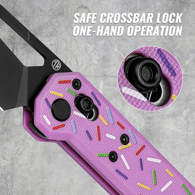 Tarcus Folding Pocket Knife, 3.5" D2 Steel DLC Blade G10 Handle, Lightweight EDC Knife with Crossbar Lock for Men and Women, Ideal for Camping, Hiking, and Survival (Doughnut)