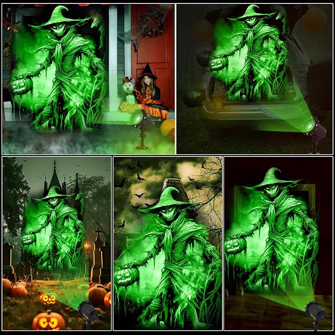 Treela Halloween Projector Lights Outdoor Dynamic Scary Scarecrow Lights Decoration Outside Indoor LED Landscape Lamp for Holiday Garden Supplies (Green)