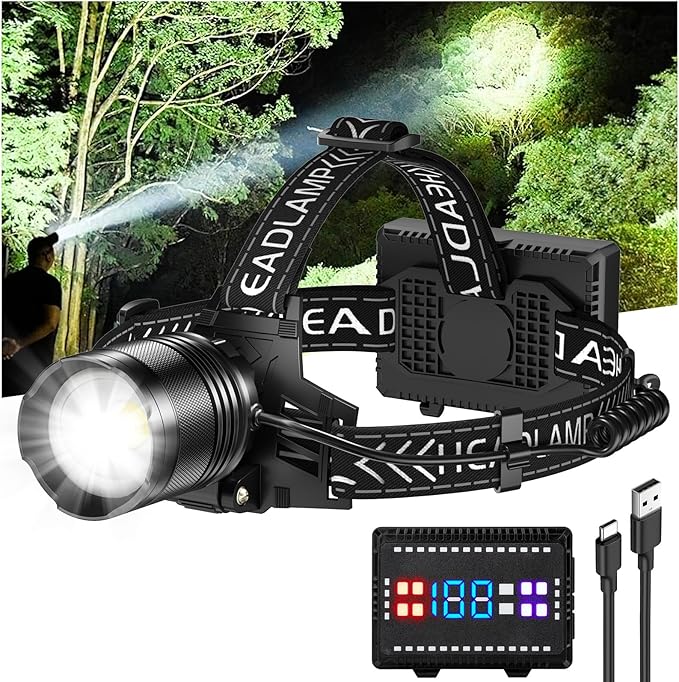 Cinlinso Headlamp Rechargeable, 99,000 Lumens Super Bright LED Head Lamp with 4 Modes, 90° Adjustable Head Lights for Forehead, IPX6 Waterproof HeadLamps for Adults Camping Hunting