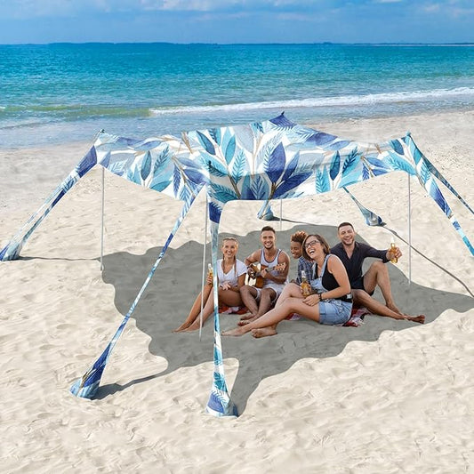 Rhino Valley Beach Tent Shade Canopy UPF50+ Protection, 8 Sandbags, 4 Stability Poles, Outdoor Sun Shelter Umbrella for Sand, Camping, Fishing Essentials