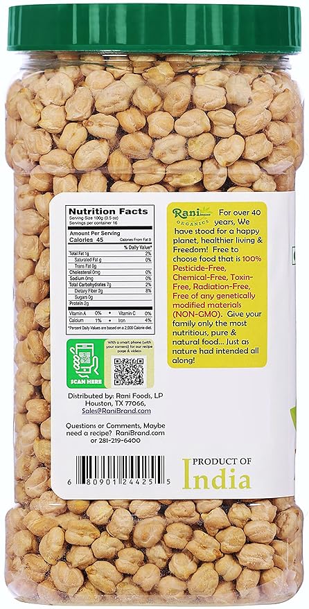 Rani Organic Garbanzo Beans (Kabuli Chana) 48oz (3lbs) 1.36kg Bulk PET Jar ~ All Natural | Vegan | Gluten Friendly | NON-GMO | Indian Origin | USDA Certified Organic