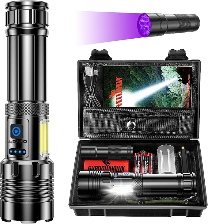 Shadowhawk Rechargeable Flashlights High Lumens, 2000LM XHM90.2 30W LED Flash Light with COB Light, 7 Modes Super Bright Flashlight Battery Powered, Handheld Powerful Flashlight for Home, Emergency
