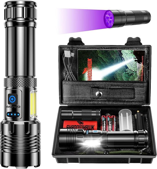 Shadowhawk Rechargeable Flashlights High Lumens, 2000LM XHM90.2 30W LED Flash Light with COB Light, 7 Modes Super Bright Flashlight Battery Powered, Handheld Powerful Flashlight for Home, Emergency