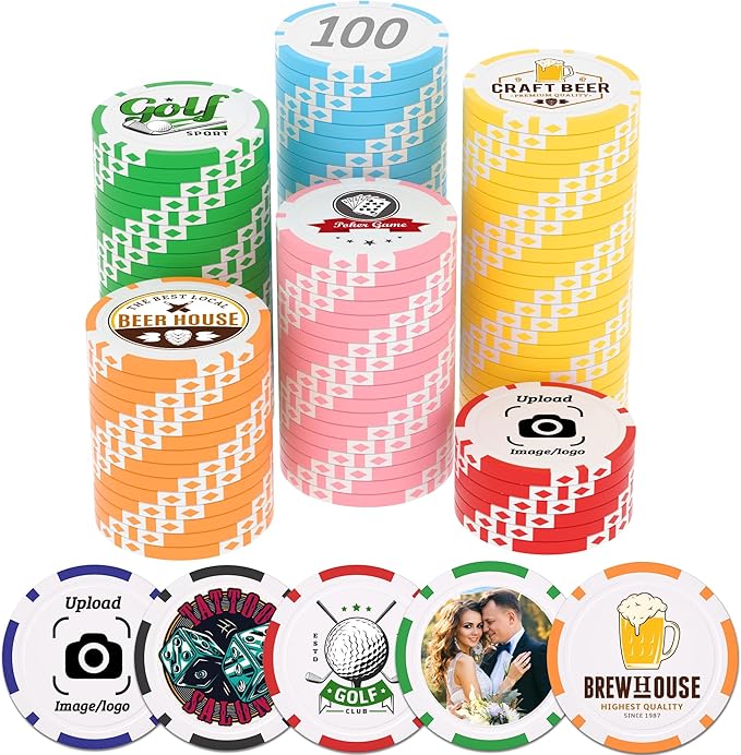 Custom Clay Poker Chips, 11.5Gram Personalized Poker Chips with Full Color Logo,Casino-Grade Monte Carlo Style Chips, Event Tokens for Texas Hold’em, Blackjack, Card Nights, Pack of 50