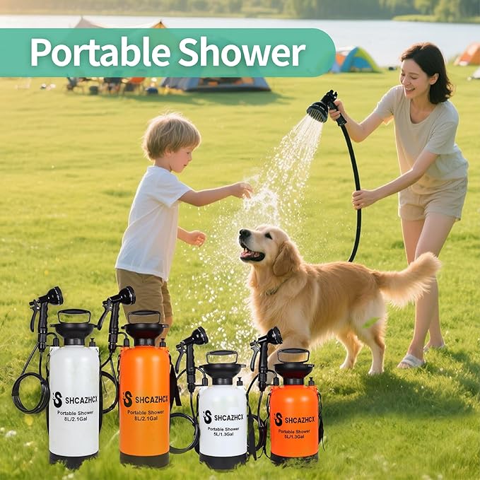 1.3 Gallon/5L Portable Shower with 10 Spray Modes, No Power Needed, Multi-use Sprayer for Camping & Beach Shower, Hiking, Pet Bath, Car Washing, Plant Spraying, White