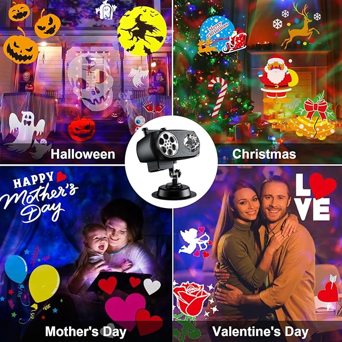 2025 Upgraded Brighter Halloween Decorations Projector Lights for Home, Display 8 Patterns at A Time (Ocean Wave & Patterns), 8 Themes Holiday Projector Christmas’ Day House Decoration Light Show