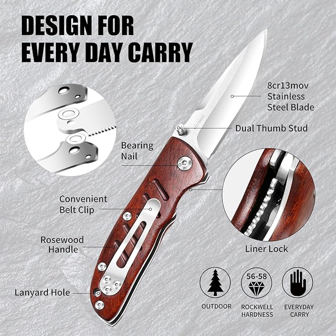 Harita Pocket Knife Folding Knife EDC Knife with Pocket Clip, 2.76 inch 8Cr13MoV Steel Blade, Rosewood Handle, Foldable Camping Fishing Survival Hunting Liner Lock Knife for Men Women