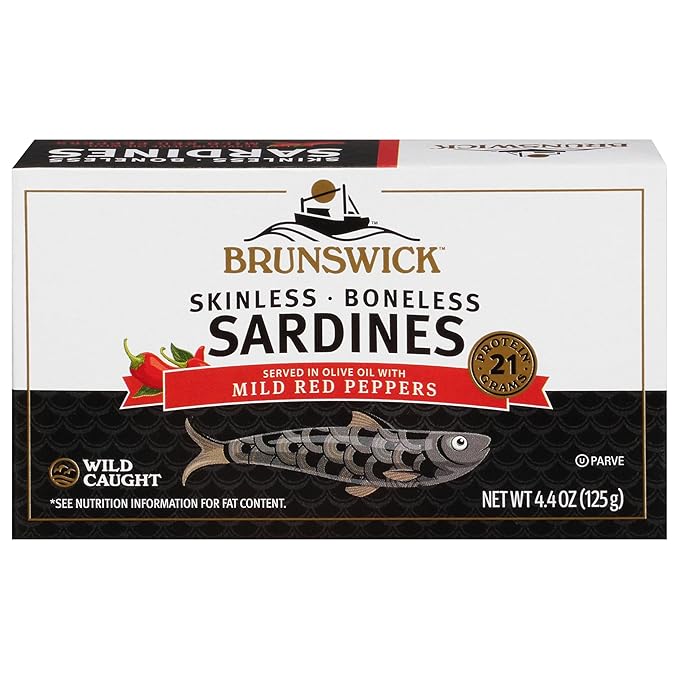 Brunswick Wild Caught Skinless and Boneless Sardines, Served in Olive Oil with Mild Red Peppers, 4.4 Oz (Pack of 12)